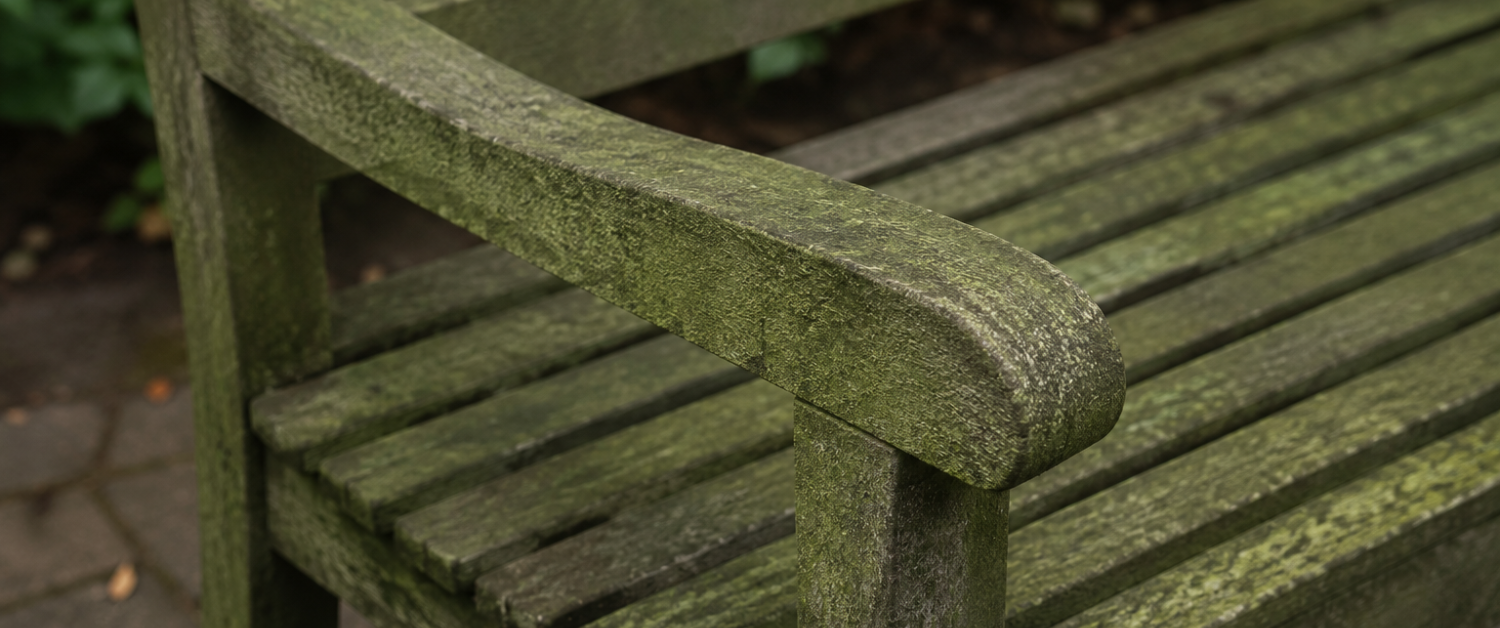 Groene aanslag op houten tuinbankje Groene aanslag op houten tuinbankje