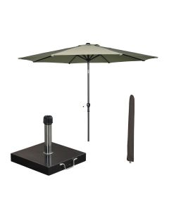 Lotus stokparasol Ø300 cm - olijf incl 40 kg Cosmo parasolvoet en parasolhoes
