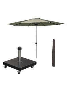 Lotus stokparasol Ø300 cm - olijf incl 40 kg Eureka parasolvoet en parasolhoes