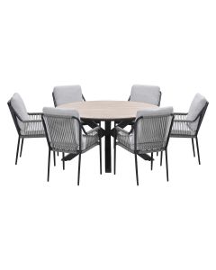 Stevie tuinset 7-delig taupe - Tulli tuintafel Ø148x75 cm light teak vironwood