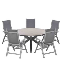 Hilly tuinset 6-delig taupe verstelbaar - Tulli tuintafel Ø148x75 cm - light teak vironwood