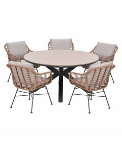 Lucas tuinset bruin 6-delig - Tulli tuintafel light teak look Ø148 cm