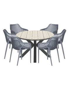 Air XL tuinset 7-delig donker grijs - Tulli tuintafel ovaal 220x115 cm light teak look