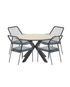 Ross tuinset 5-delig zwart - Tulli tuintafel Ø122x75 cm light teak look