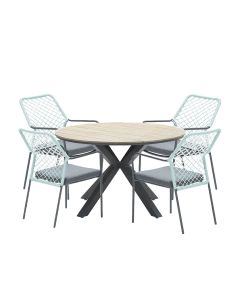 Ross tuinset 5-delig zacht groen - Tulli tuintafel Ø122x75 cm light teak look
