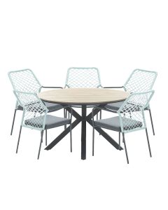 Ross tuinset 6-delig zacht groen - Tulli tuintafel Ø148x75 cm light teak look