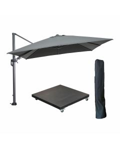 Hawaii zweefparasol 300x300 cm carbon black / donker grijs met 90kg verrijdbare parasolvoet en parasolhoes