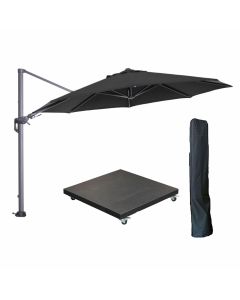 Hawaii zweefparasol Ø350 cm carbon black / zwart met 90kg verrijdbare parasolvoet en parasolhoes