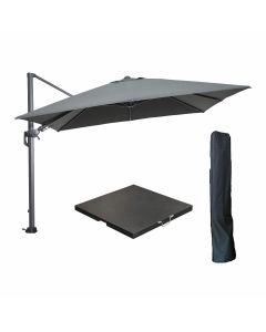 Hawaii zweefparasol 300x300 cm carbon black / donker grijs met 90kg black polished parasolvoet en parasolhoes