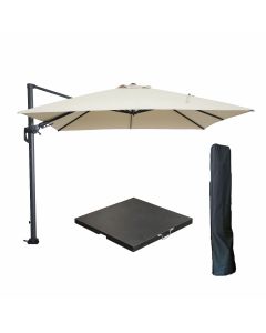 Hawaii zweefparasol 300x300 cm carbon black / ecru met 90kg black polished parasolvoet en parasolhoes