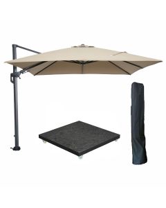 Hawaii zweefparasol 300x300 cm carbon black / taupe met royal antraciet parasolvoet 90 kg en parasolhoes