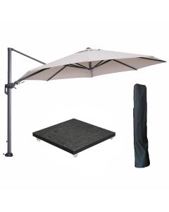 Hawaii zweefparasol Ø350 cm carbon black / zand met 90kg royal antraciet parasolvoet en parasolhoes
