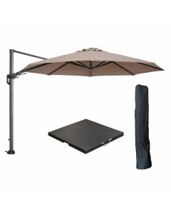 Hawaii zweefparasol Ø350 cm carbon black / taupe met black polished parasolvoet 90 kg en parasolhoes