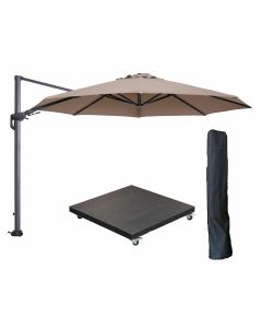 Hawaii zweefparasol Ø350 cm carbon black / taupe met verrijdbare parasolvoet 90 kg en parasolhoes