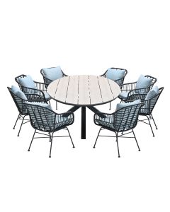 Lucas tuinset 9-delig zwart - Tulli tuintafel ovaal 280x140 cm light teak look