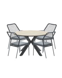 Ross tuinset 5-delig zwart - Tulli tuintafel Ø122x75 cm light teak look