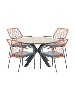 Ross tuinset 5-delig koper - Tulli tuintafel Ø122x75 cm light teak look
