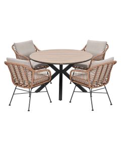 Lucas tuinset bruin 5-delig - Tulli tuintafel light teak look Ø122 cm
