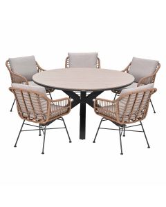 Lucas tuinset bruin 6-delig - Tulli tuintafel light teak look Ø148 cm