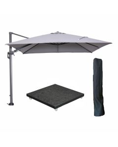 Hawaii zweefparasol 300x300 cm carbon black / licht grijs met 90kg royal antraciet parasolvoet en parasolhoes