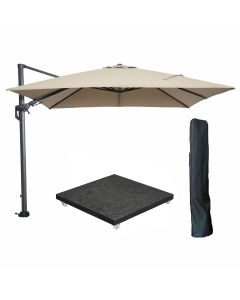 Hawaii zweefparasol 300x300 cm carbon black / taupe met 90kg royal antraciet parasolvoet en parasolhoes
