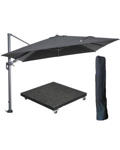Hawaii zweefparasol 300x300 cm carbon black / zwart met 90kg royal antraciet parasolvoet en parasolhoes
