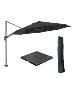 Hawaii zweefparasol Ø350 cm carbon black / zwart met 90kg black polished parasolvoet en parasolhoes