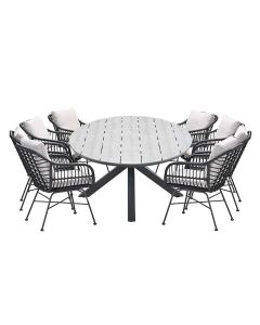 Lucas tuinset zwart 9-delig - Tulli tuintafel ovaal 280x140 cm grey teak look