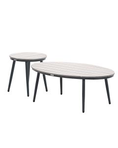 Lucas bijzettafels donker grijs - teak look - Ø50x48 cm &amp; 120x75x45 cm