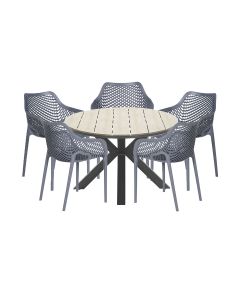 Air XL tuinset 6-delig donker grijs - Tulli tuintafel Ø148x75 cm light teak look