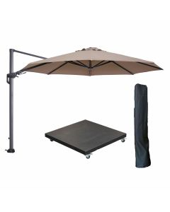 Hawaii zweefparasol Ø350 cm carbon black / taupe met 90kg verrijdbare parasolvoet en parasolhoes