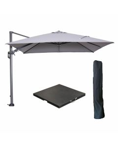 Hawaii zweefparasol 300x300 cm carbon black / licht grijs met 90kg black polished parasolvoet en parasolhoes