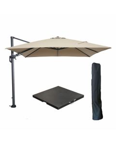 Hawaii zweefparasol 300x300 cm carbon black / taupe met 90kg black polished parasolvoet en parasolhoes