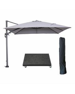 Hawaii zweefparasol 300x300 cm carbon black / licht grijs met 90kg royal antraciet parasolvoet en parasolhoes