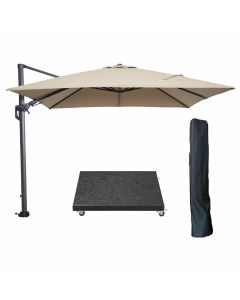 Hawaii zweefparasol 300x300 cm carbon black / taupe met 90kg royal antraciet parasolvoet en parasolhoes