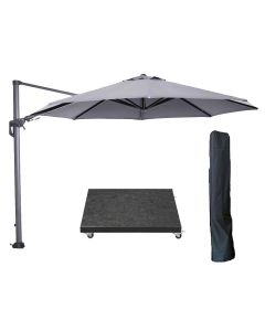 Hawaii zweefparasol Ø350 cm carbon black / licht grijs met 90kg royal antraciet parasolvoet en parasolhoes