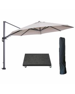 Hawaii zweefparasol Ø350 cm carbon black / zand met 90kg royal antraciet parasolvoet en parasolhoes