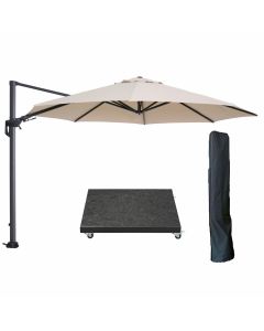Hawaii zweefparasol Ø350 cm carbon black / ecru met 90kg royal antraciet parasolvoet en parasolhoes
