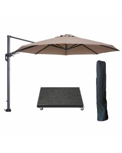 Hawaii zweefparasol Ø350 cm carbon black / taupe met 90kg royal antraciet parasolvoet en parasolhoes