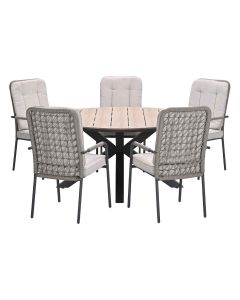 Aleria tuinset 6-delig taupe - Tulli tuintafel Ø148x75 cm - light teak vironwood