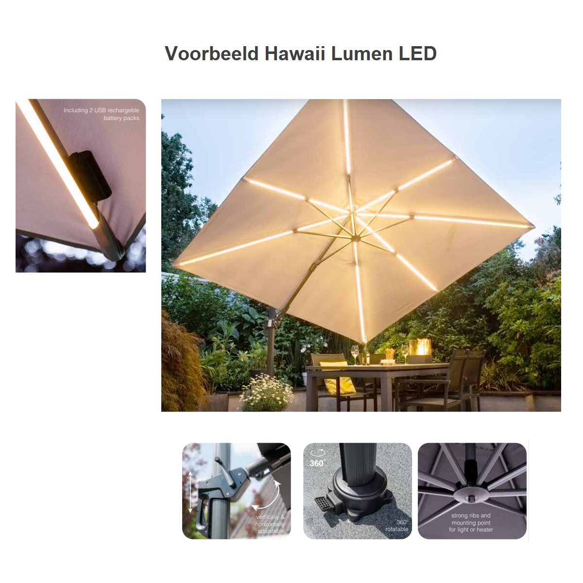 Design parasol Hawaii Lumen LED van Garden Impressions